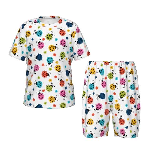 Fotbe Ladybugs And Flowers Pijama Estampada de 2 Piezas para Niños – Ropa de Dormir de Manga Corta Cómoda para Niños y Niñas, Camiseta y Shorts de Algodón-4X-Large