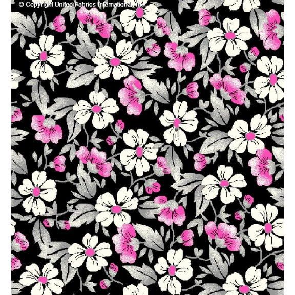 Challis Rayon Printed Prosaic, Floral Fabric, Dress Fabric, Sewing Fabric (BLACK/GREY/FUSHIA, ByYard)