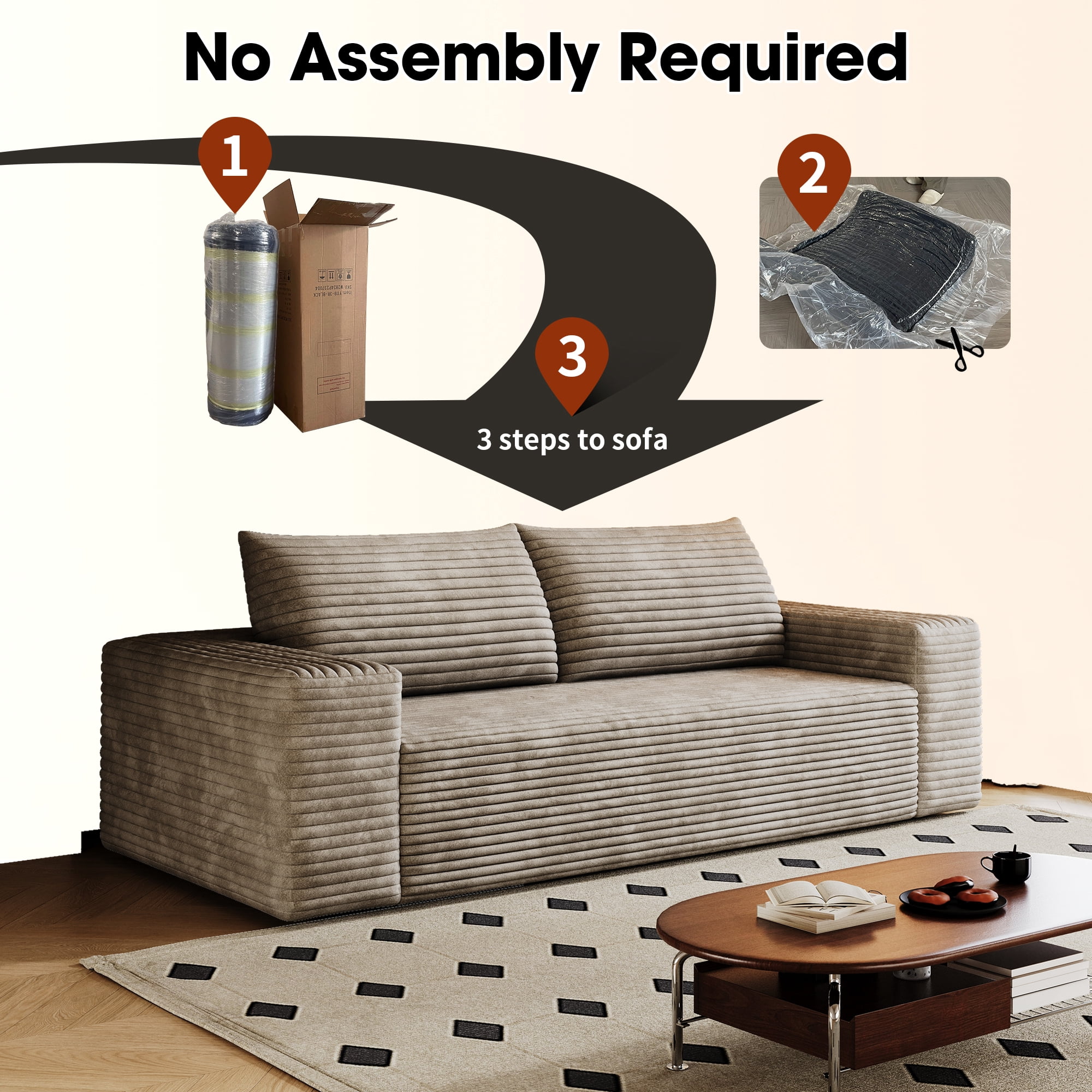 Leumius 71" Cloud Couch,3 Setaser Sofa with Deep Seat,Boneless Couch Sofa with 2 Pillows for Living Room,No Assembly Required,Camel