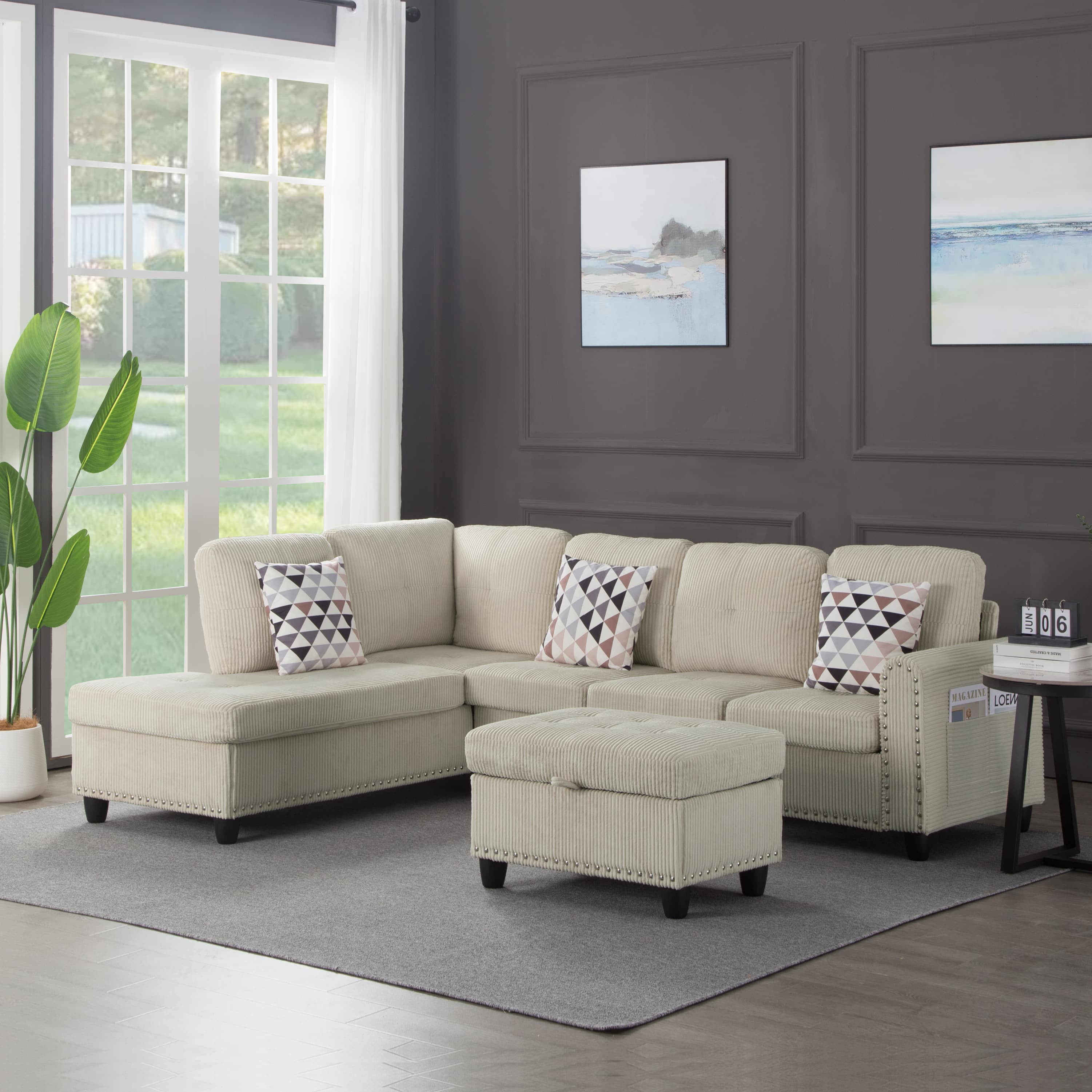 BSHTI 94.49”L-Shaped Modular Sectional Sofa, with Convenient Storage Ottoman, Corduroy Fabric, Drop-Down Middle Backrest with Two Built-In Cup Holders, Beige
