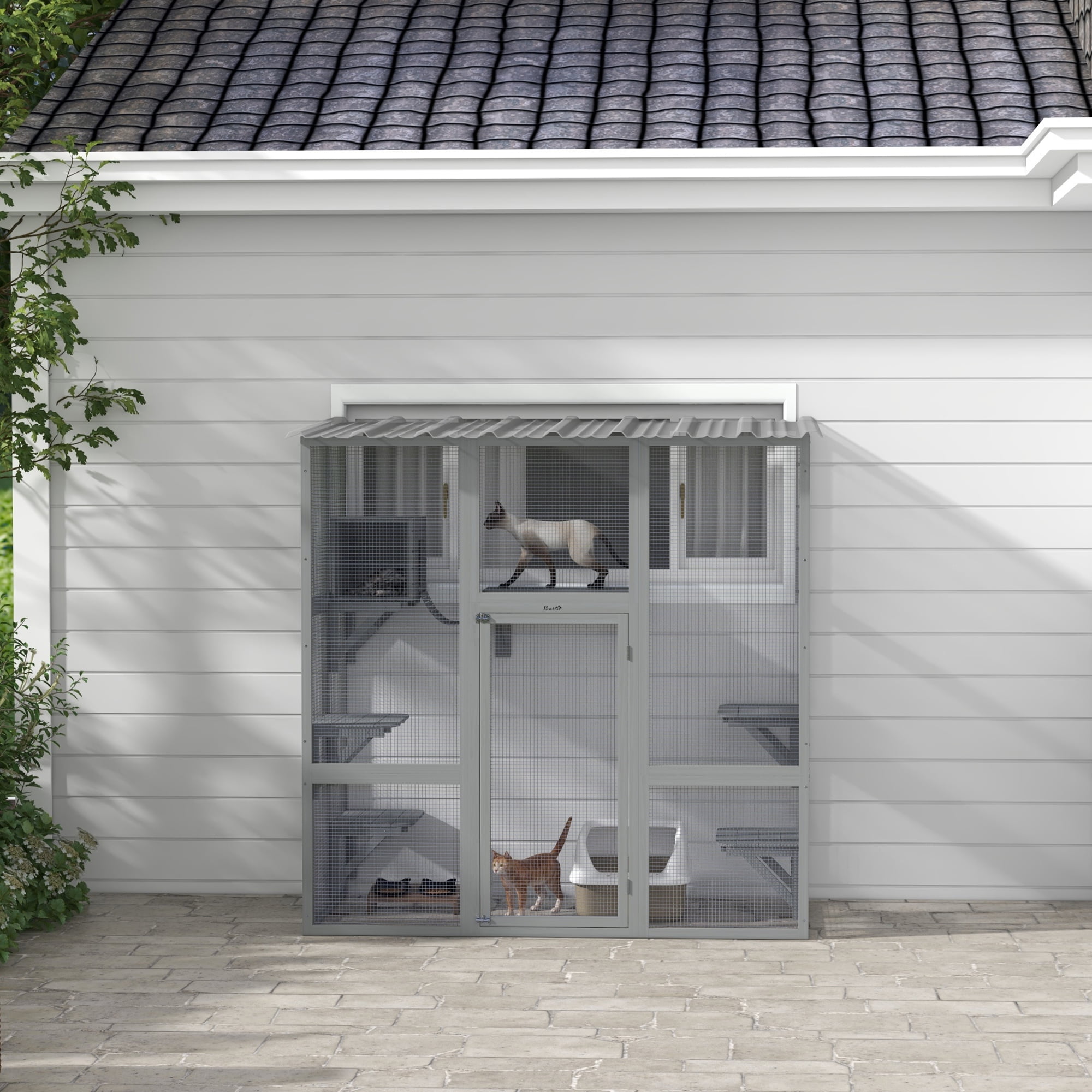 PawHut Catio, Outdoor Cat Enclosure Window Box Wooden Cat House w/ Weather Protection Roof for 2 Kitties with Resting Box, Platforms & Bridge, Gray