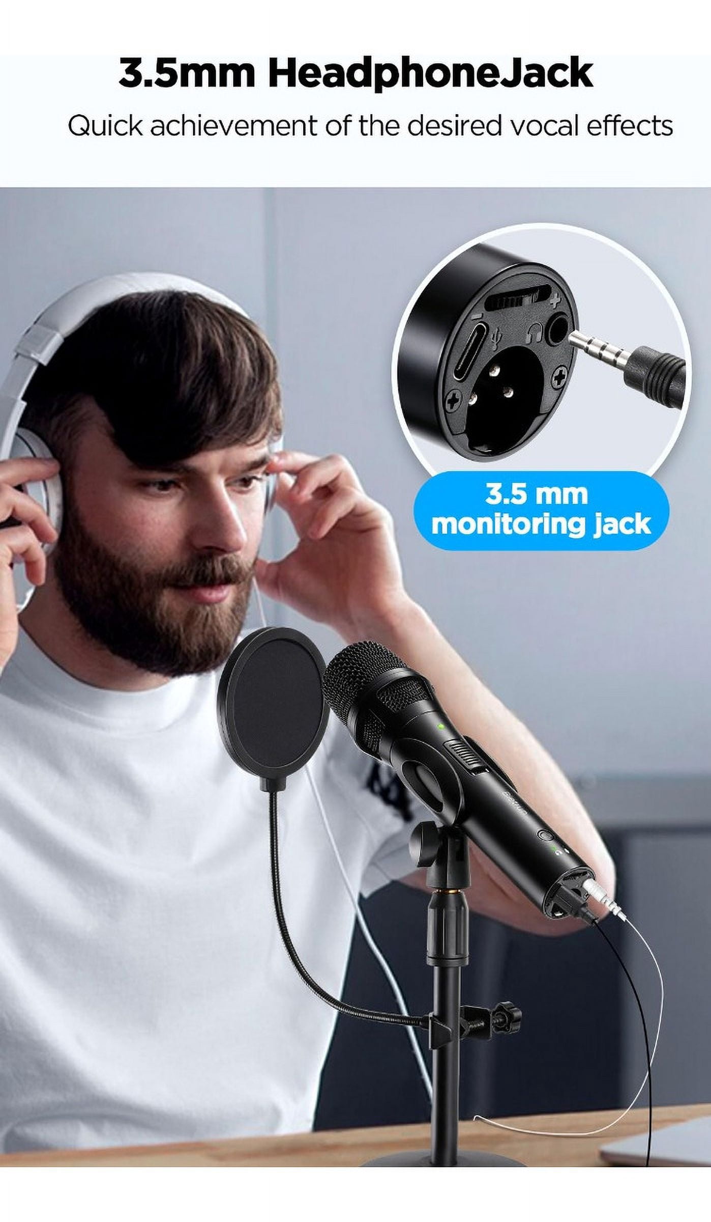 Dynamic Microphone XLR/USB-C for Recording/Singing, Hypercardioid?Noise Rejection, Mic Gain, with Desktop Stand, Pop Filter, Headphone Jack, for Mac, PC, Audio Interface for Podcast, Studio, Singing