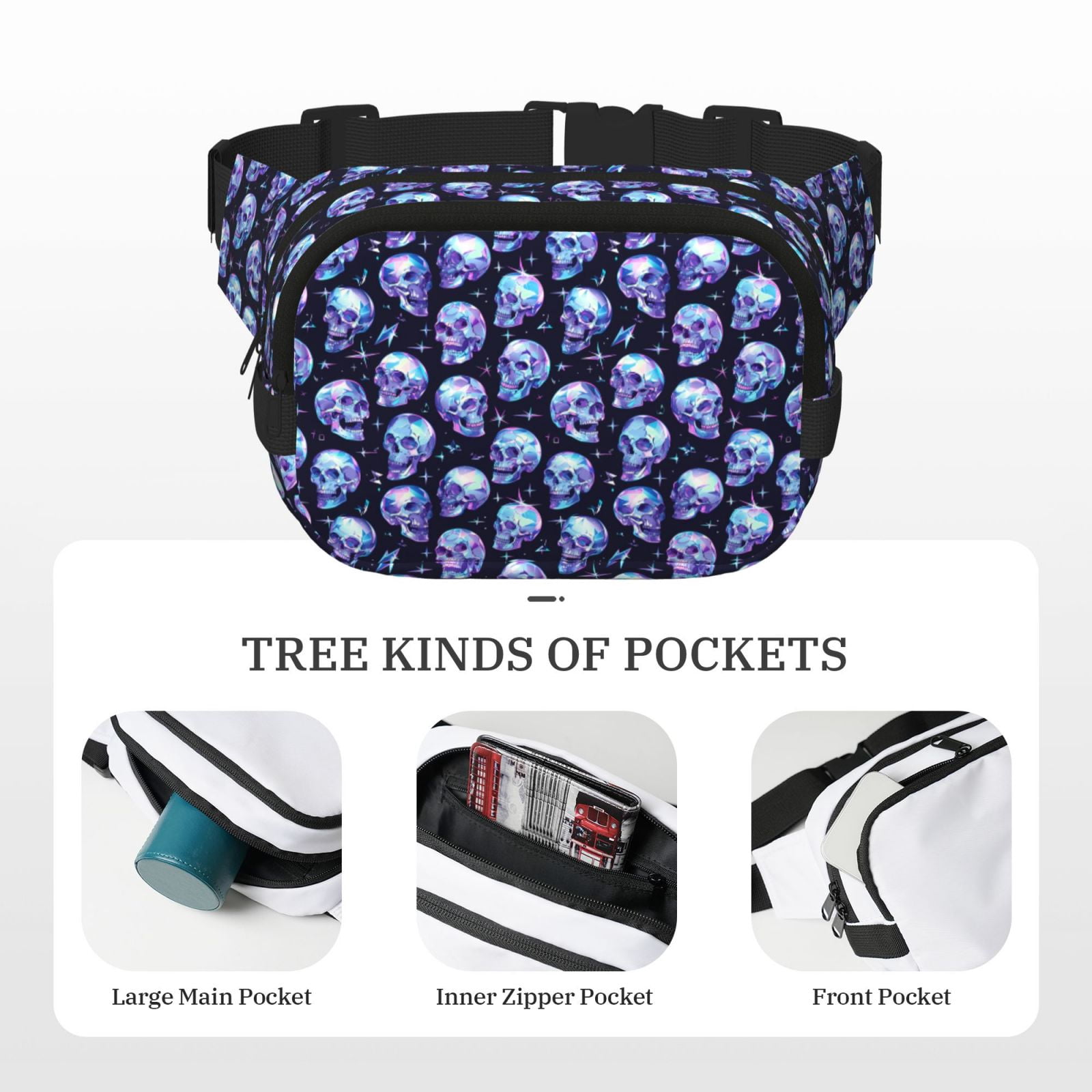 Hirioo crystal Skull for Double Layer Waist Bag Adjustable Fanny Pack For Travel Running Hiking