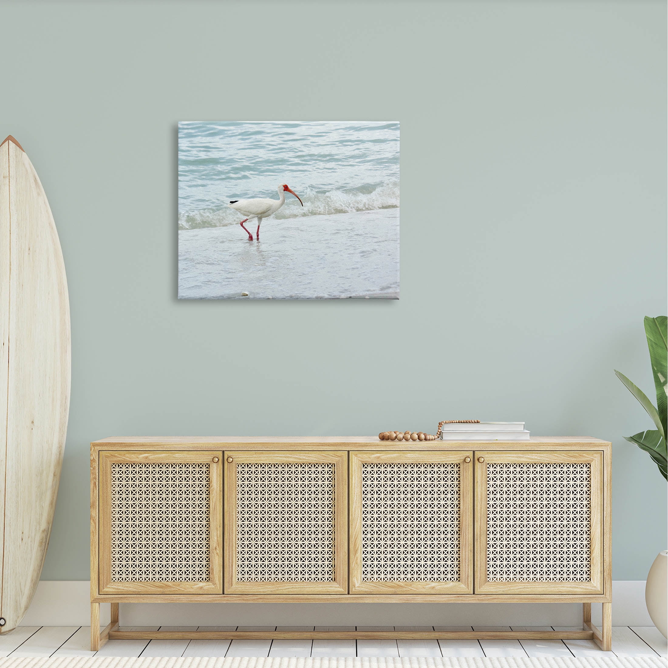 Bird Stepping Sea Waves Splash Animals & Insects Photograph Gallery Wrapped Canvas Print Wall Art