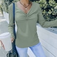 thumbnail image 2 of V Neck Ruched Front Button Detail Long Sleeve Ribbed Tee for Women, 2 of 3
