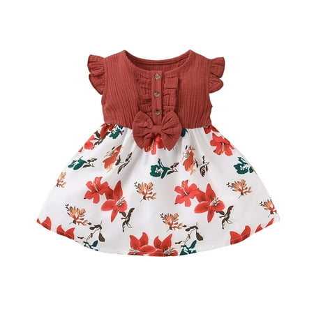 

Toddler Girls Dress Short Sleeve Princess Dress Floral Print Red 120