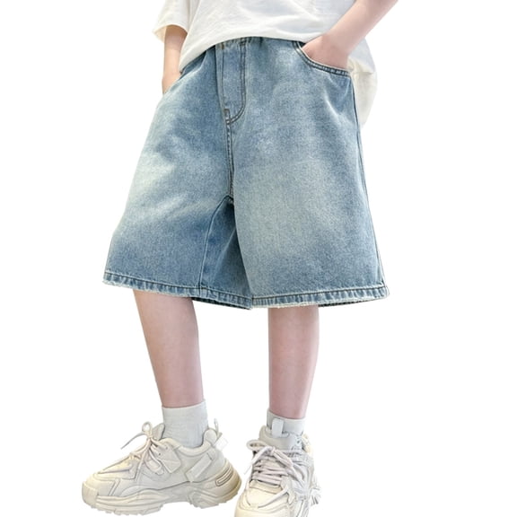 GiLiling Boys Wide Leg Denim Shorts, Kids Casual Loose Fit Knee Length Jean Shorts with Pockets for Summer Active Play (Light Blue, 9-10 Years)