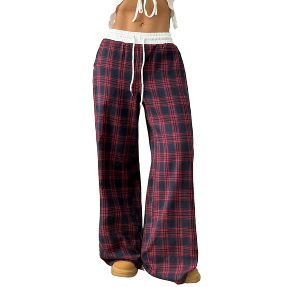 Women'S Plaid Checkered Pants Flannel Pajama Pants Lounge Wide Leg Baggy Sweatpants with Pockets Red S