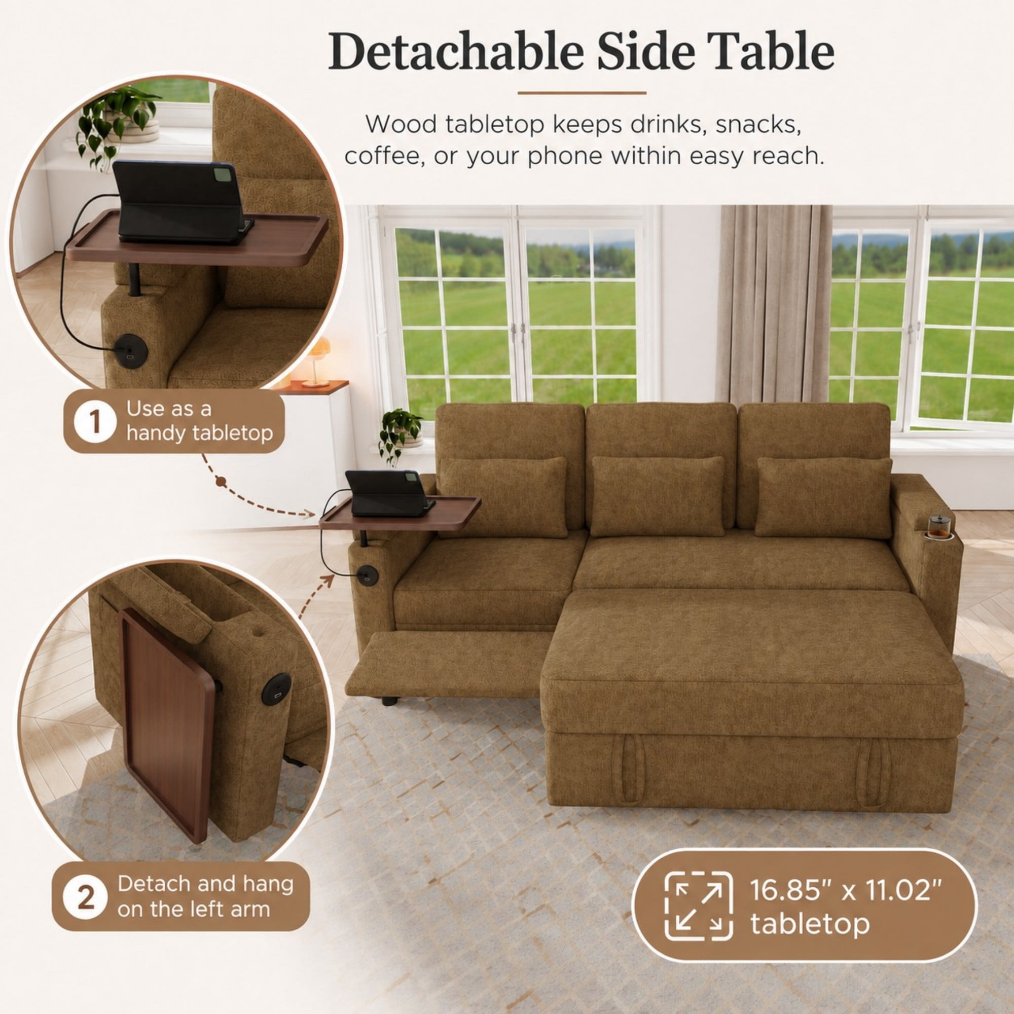 DEALTOPS 81" Chenille Pull-Out Sleeper Sofa Bed with Recliner, Tray Table, USB Ports & Storage, Brown