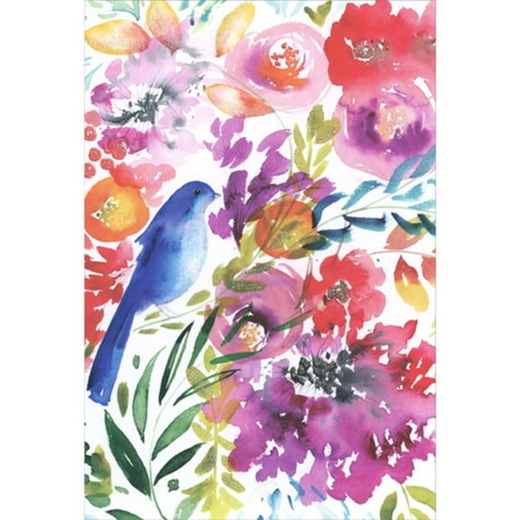 Pictura Sparkling Bluebird Amongst Large Colorful Watercolor Blooms Birthday Card