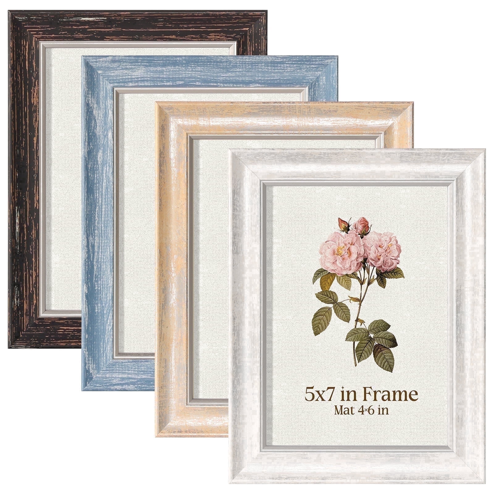 XUANLUO 5x7 Picture Frames Set of 4, Rustic Farmhouse Photo Frame ,5x7 without Mat or 4x6 with Mat for Wall or Tabletop Display Home Office Gift