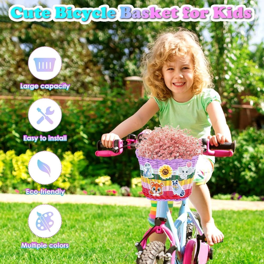 Bike Basket Kids Front,Premium Hand-Woven Rainbow Bicycle Basket,Cute Adults Boys Girls Bike Basket,Tricycle Cruiser Bikes & Folding Bike Basket