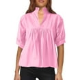 thumbnail image 1 of Blusa de cuello alto lisa para mujer - Top plisado con mangas cortas abullonadas, poliéster, tallas S-XL, 1 of 5