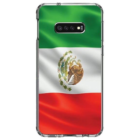 DistinctInk Clear Shockproof Hybrid Case for Samsung Galaxy S10e (5.8" Screen) - TPU Bumper, Acrylic Back, Tempered Glass Screen Protector - Red White Green Mexican Flag Mexico