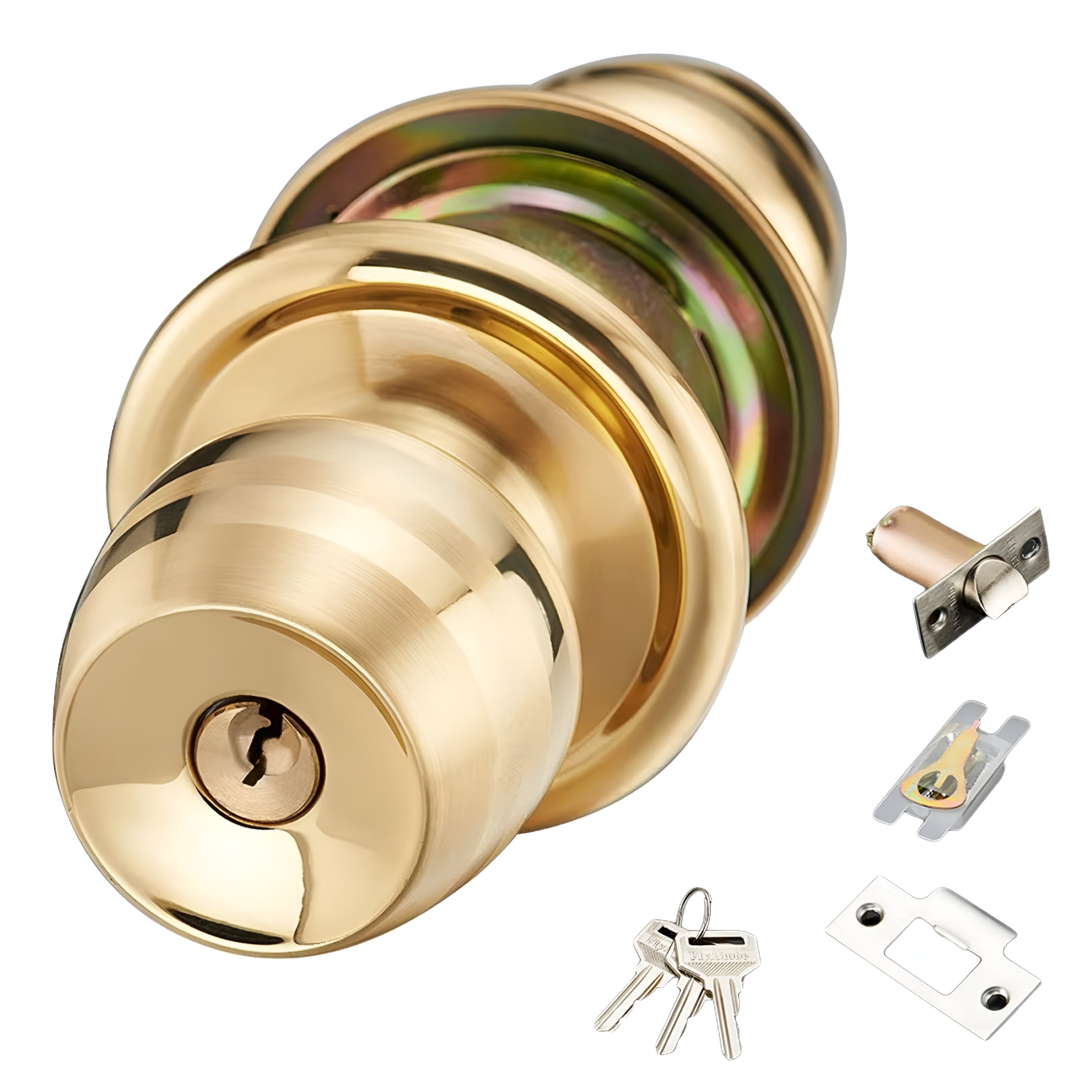 TALENO Interior Exterior Keyed Entry Door Knob Shape with Adjustable Latches & Polished Brass Finish Front Entrance Lock