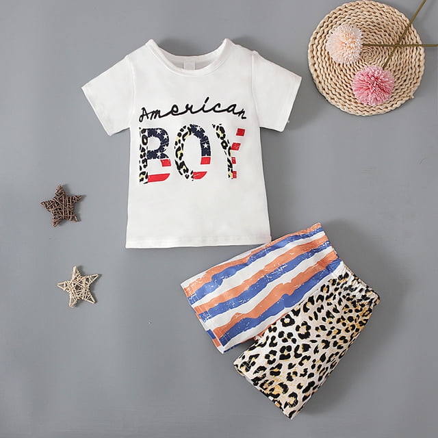 EGNMCR Ensembles de Blouses et Chemises à Manches Courtes Col Rond pour Tout-Petits Garçons Bébé Jour de l'Indépendance Mode Rayé Imprimé Léopard Manches Courtes Shorts Pantalon Costume Blouse Femme