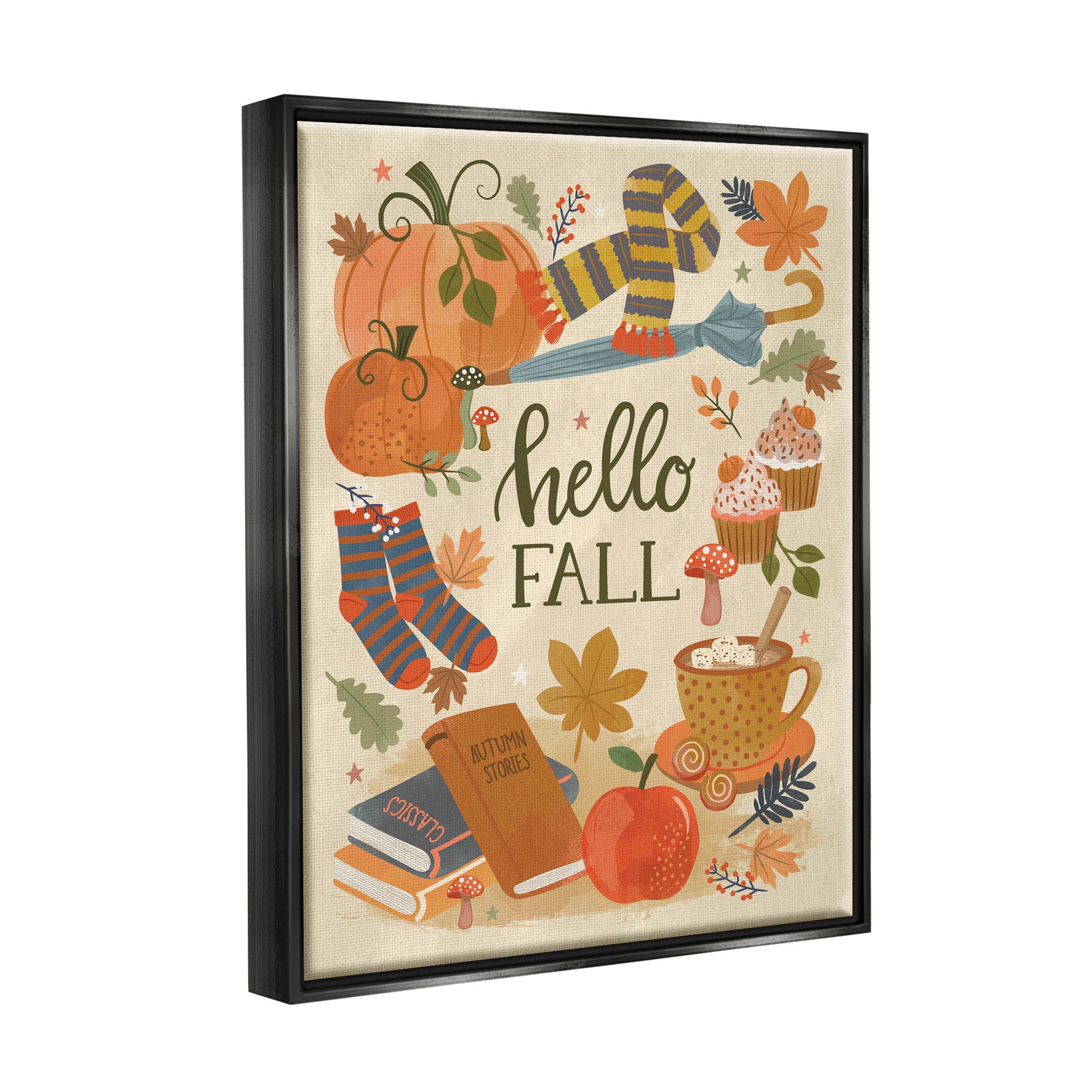 Hello Fall Cozy Autumn Items Holiday Graphic Art Jet Black Framed Art Print Wall Art