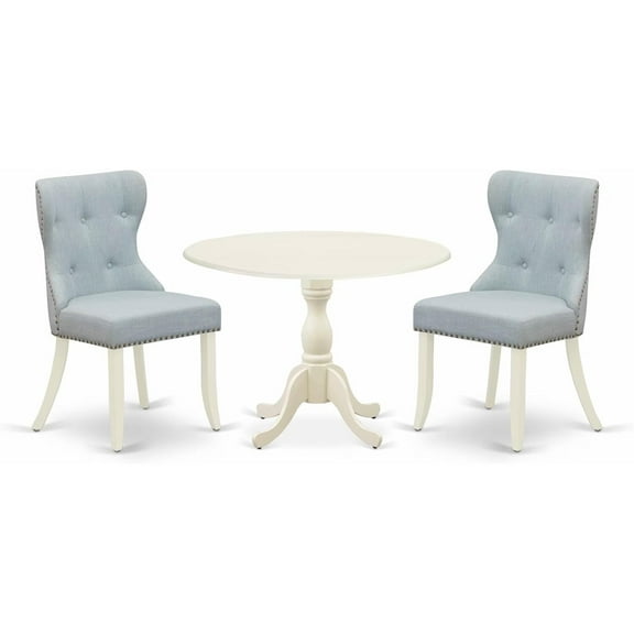 HomeStock 3 Piece Dining Table Set Contains a Round Dining Room Table with Dropleaf and 2 Blue Linen Fabric Upholstered Kitchen Chairs, 42x42 Inch,Linen White