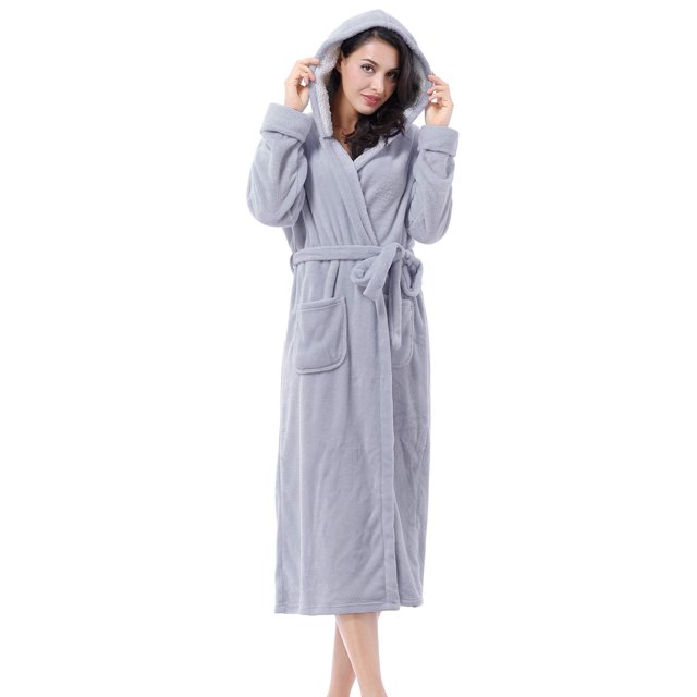 Women's Plush Fleece Long Robe with Hood, Warm Comfy Fluffy Bathrobe,Grey