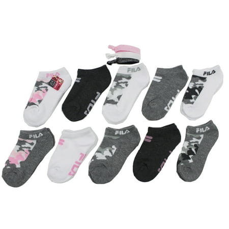 Fila Kids Girls 10-Pack Half Cushion No Show Socks with Hair Ties Camo - Blush, Girls Medium Shoe size 10-4