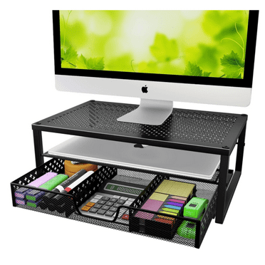 Metal Monitor Stand Riser and Computer Desk Organizer with Drawer for Laptop, Computer, iMac, Black