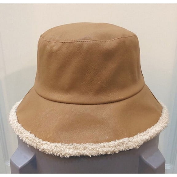 CoCopeanut New Winter Raw EdgeBucket Hat Women PU Warm Velvet Solid Bucket Hats Unisex Fashion Panama Fisherman Caps Tourism Present Cap