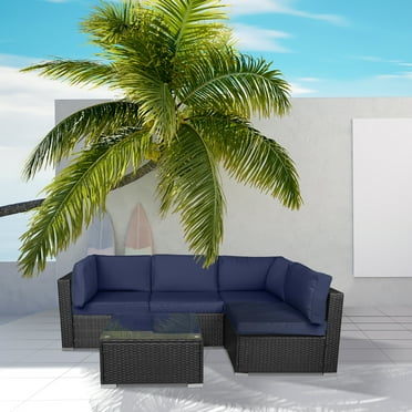EXCITED WORK Blue 5 Pcs Patio PE Rattan Wicker Sofa Set Outdoor Sectional Furniture Sets with Couch Cushions, 2 Pillow and Tea Table