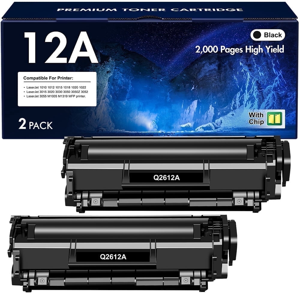 Q2612A 12A Toner Cartridges Black 2-Pack Compatible for 12A Q2612A 1020 Laserjet 1022 1020 1010 1012 M1319 3055 3050 3030 3020 3050 M1005 1015 1018 3015 3050z 3052 3055 Printers