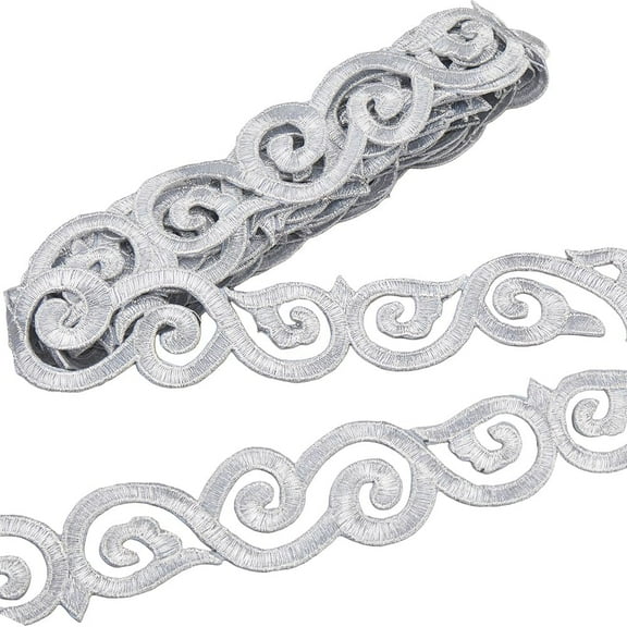 4.2 Yards Silver Lace Iron on Trim Pach Applique Metallic Adhesive Floral Cloud Decorative Embroidery 1.57 Inch Woven Flower Fabric Ribbons for Sewing Bridal DIY Crafts Garment Home Decor