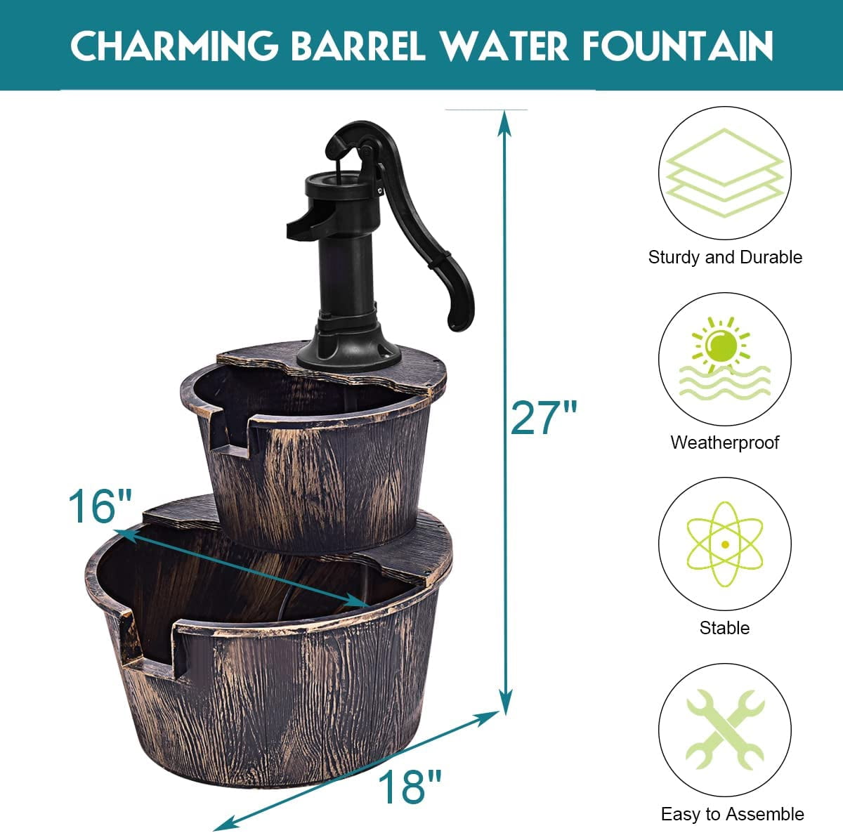 CHTER Water Fountain Outdoor, 2-Tier Barrel Cascading Waterfall Fountain with Electric Pump for Garden Patio Deck Backyard Decor, Rustic Freestanding Water Feature
