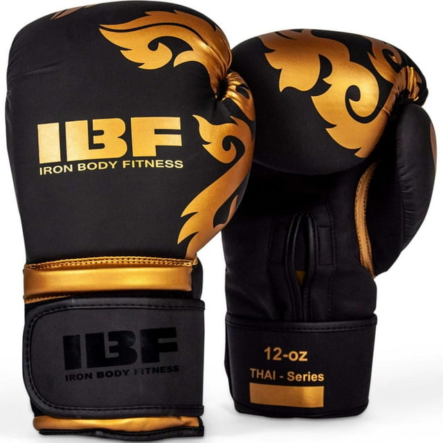 IBF Iron Body Fitness Gants de Boxe Série Thai, 12 oz, Gants d’Entraînement en Cuir Synthétique, Noir et Or