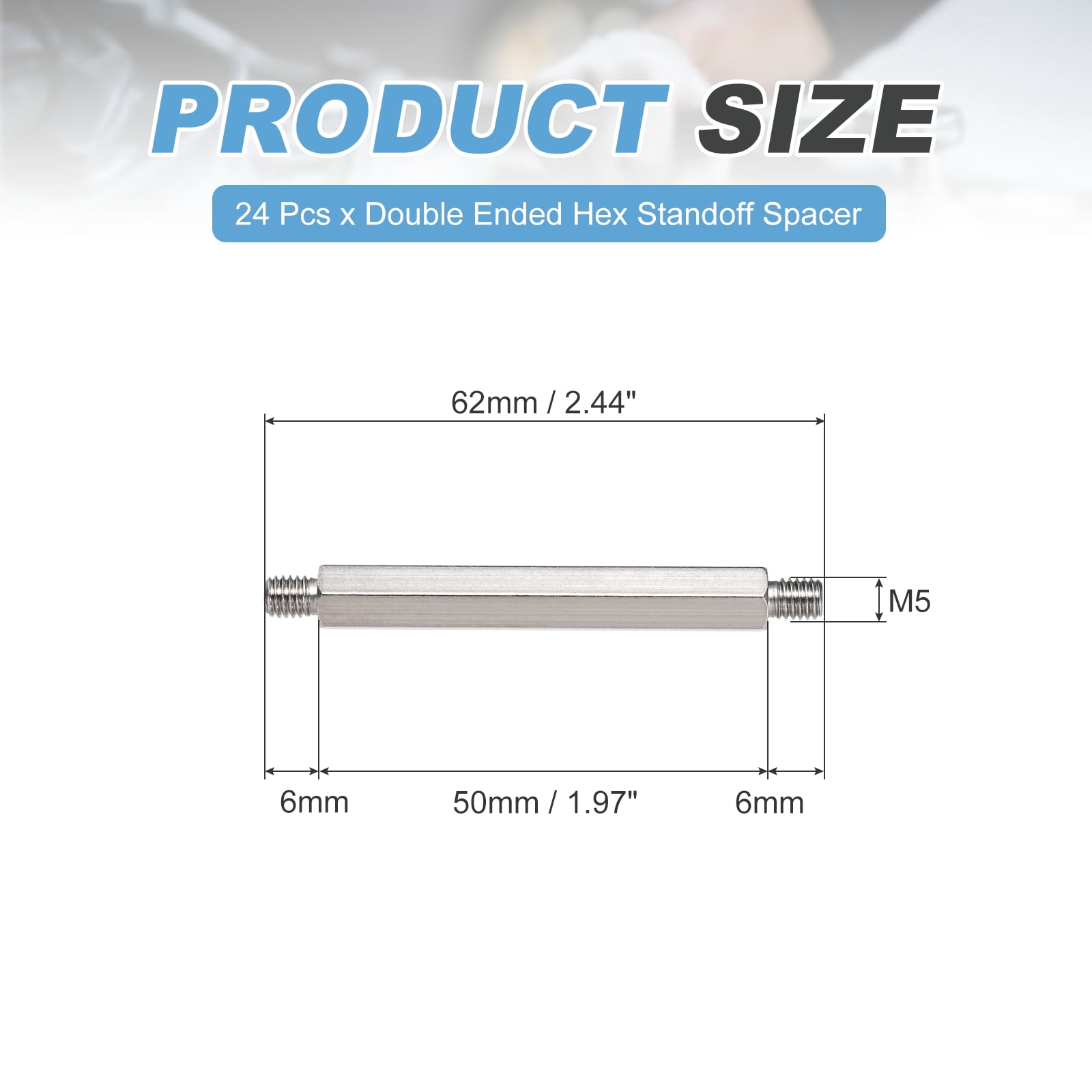 Uxcell 24 Pcs Stainless Steel Double Ended Stud Nut, M5x62mm Male to Male Double End Threaded Stud for Industrial Use, Mechanical Repairing, CPU Cooler