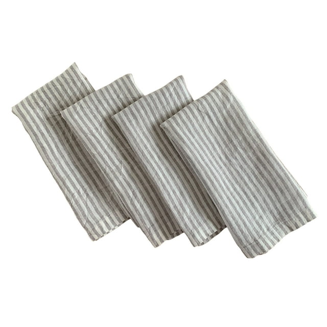 Servilletas De Lino - 100% Lino Francés - Servilletas De Tela De Lino Puro Lavadas A La Piedra - Esquinas Ingleteadas - Juego De 4 (Rayas Grises/Blancas)