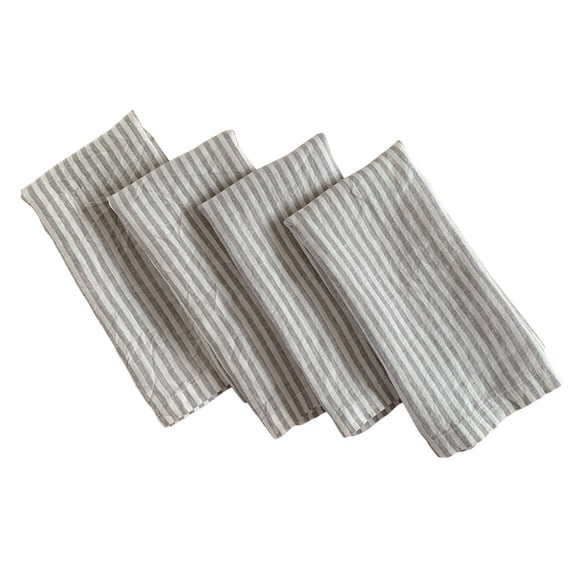 Servilletas De Lino - 100% Lino Francés - Servilletas De Tela De Lino Puro Lavadas A La Piedra - Esquinas Ingleteadas - Juego De 4 (Rayas Grises/Blancas)