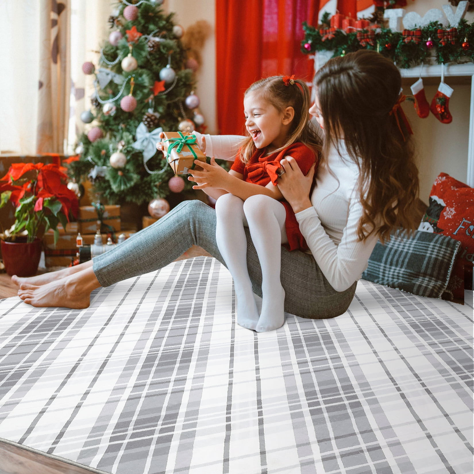 FairOnly Large Low Pile Stain Resistanta Area Rug for Living Room Bedroom 9' x 12' Plaid Design Area Rug, Light gray