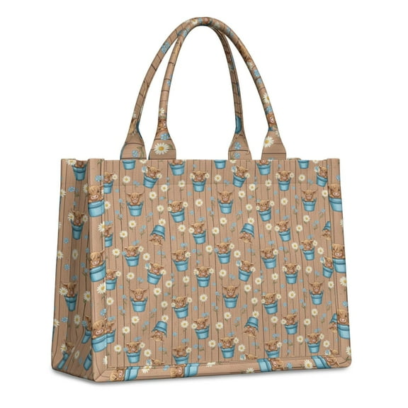 Large Capacity Tote Bag,Brown Highland Cow Bucket Flower Pattern Handbag Fashion Luxury Tote Bag,15.7"x13"x 5.1" Inches,Laptop Compatible