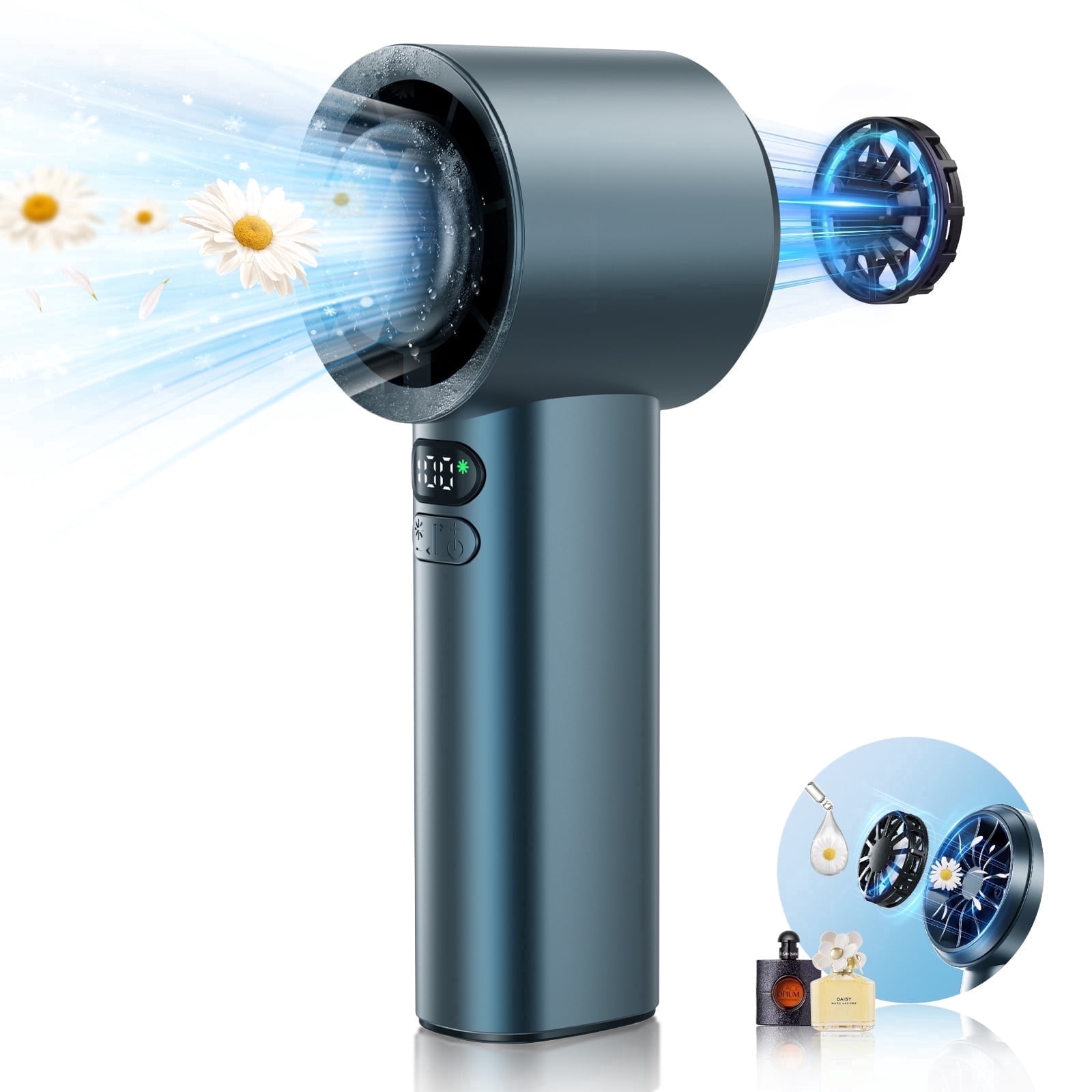 Portable Handheld Turbo Fan with 3W Cooling, 100 Speed Mini-Fan, USB-C Rechargeable 3600mAh, 2 Magnetic Aroma Diffusion Boxes, 10900RPM Motor, LED Display