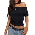 thumbnail image 2 of MOYIKO Womens Off The Shoulder Crop Tops Y2K T Shirts Top Short Sleeve Summer Trendy Fashion Clothes, 2 of 7