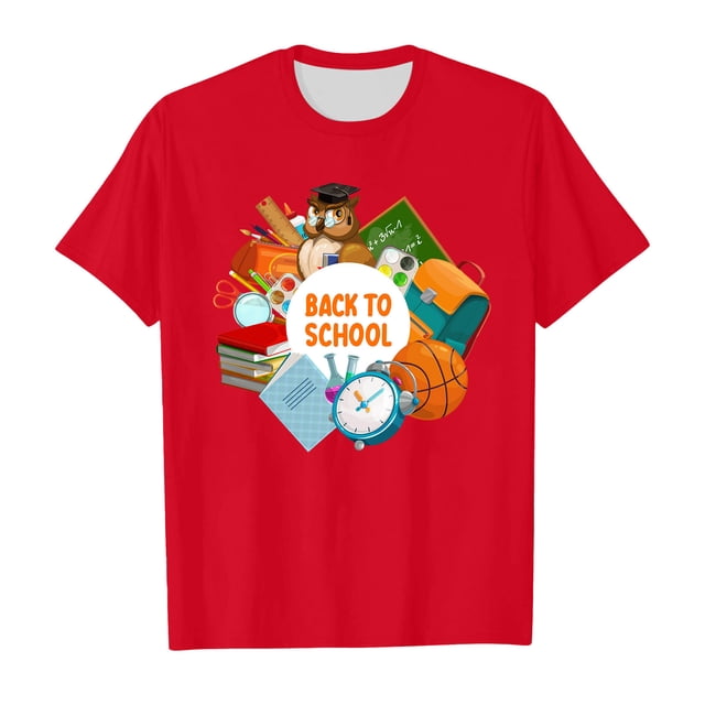 Shirts Girls Short Sleeved Soft Comfortable Back To School Pattern Cartoon Wearing Girls' Tops, Tees Red 6 Years-7 Years