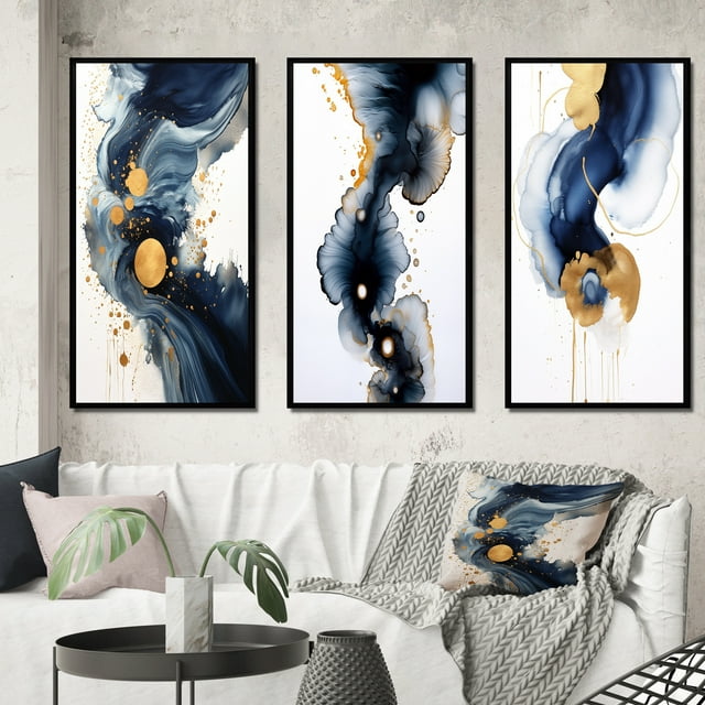 Designart "Blue Groove Crossroads Abstract in Ink and Gold" Abstract Painting Framed Wall Art Set Of 3 - Gold Modern Frame Canvas Set For Living Room Decor