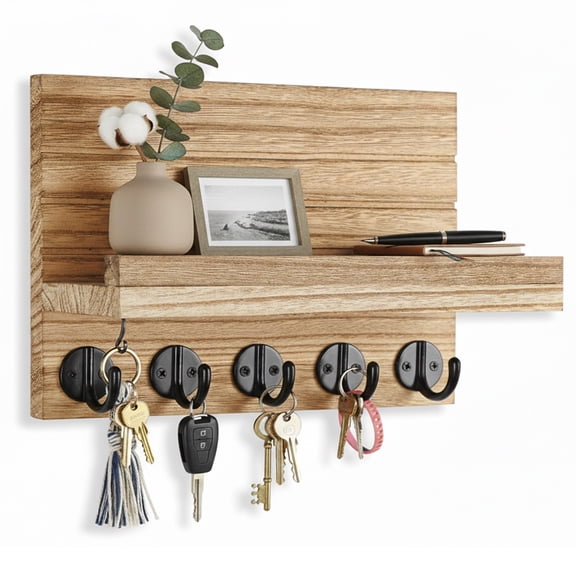 Bohorizon Key Holder for Wall, Key Rack with Shelf, Key Hanger for Wall with Mounting Hardware, 9.8”W x 6.7”H x 4.2”D, Pack of 1, Burnt Wood