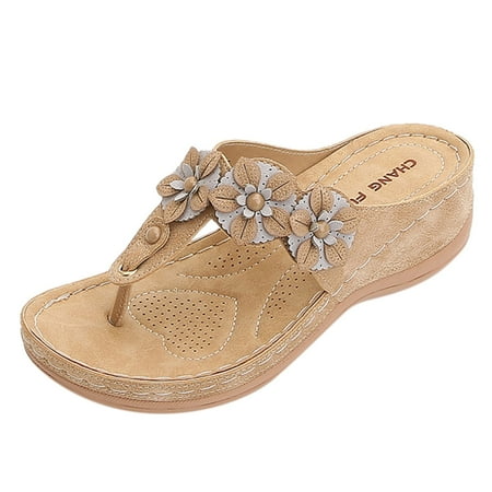 

iOPQO Women s sandals Women Summer Slip-On Wedges Beach Open Toe Breathable Sandals Flowers Shoes Spring summer wedge heel Khaki 40