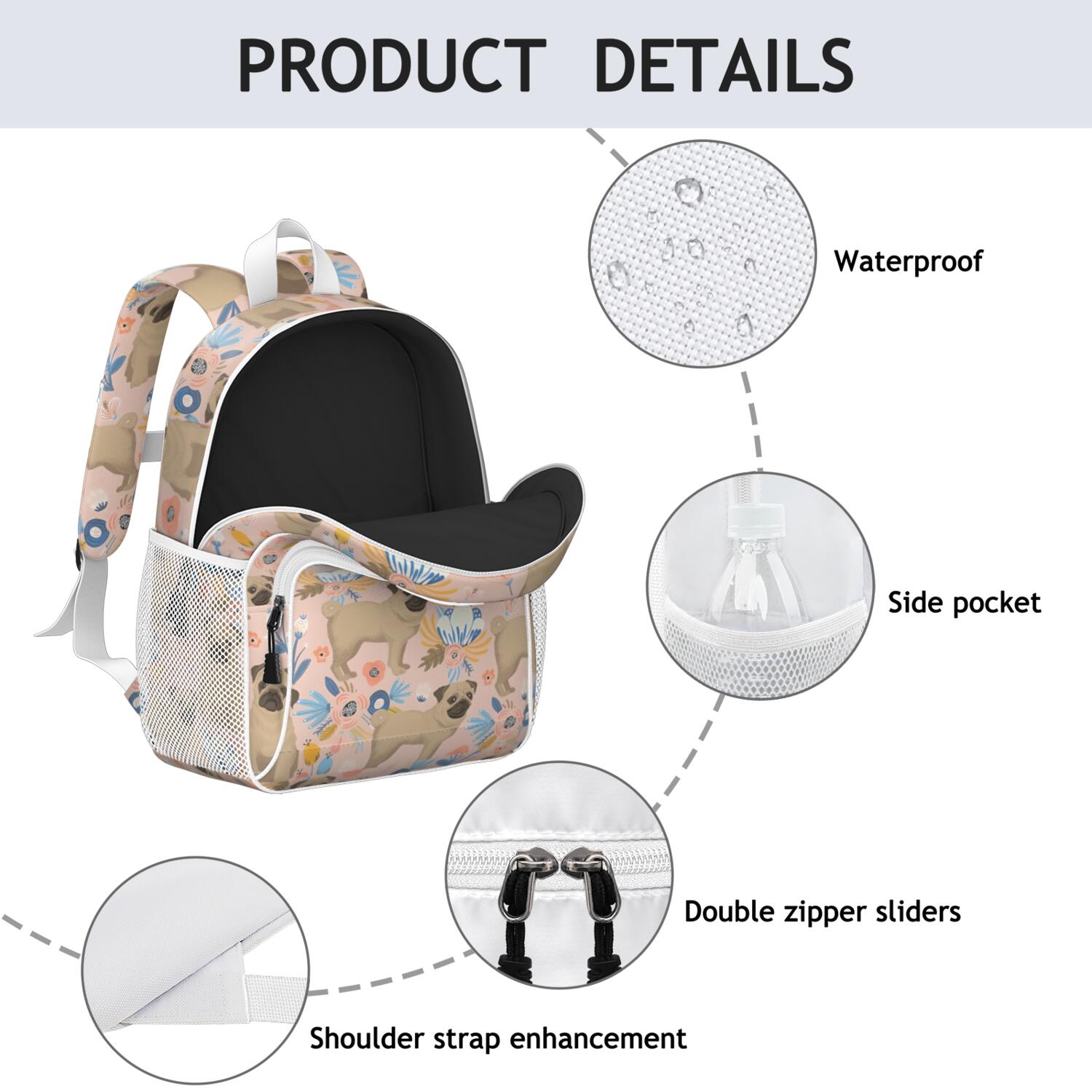 Bulldog Dog and Flower Florals Backpack for School,Cute School Bag,Schoolbag with Adjustable Shoulder Straps & Padded Back,15"x11.42"x5.5"