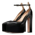 thumbnail image 2 of FSJ Women Sexy Pointed Toe Platform Pumps Buckled Ankle Strap High Block Heels Glossy Evening Night Dressy Shoes Size 4 Black, 2 of 4