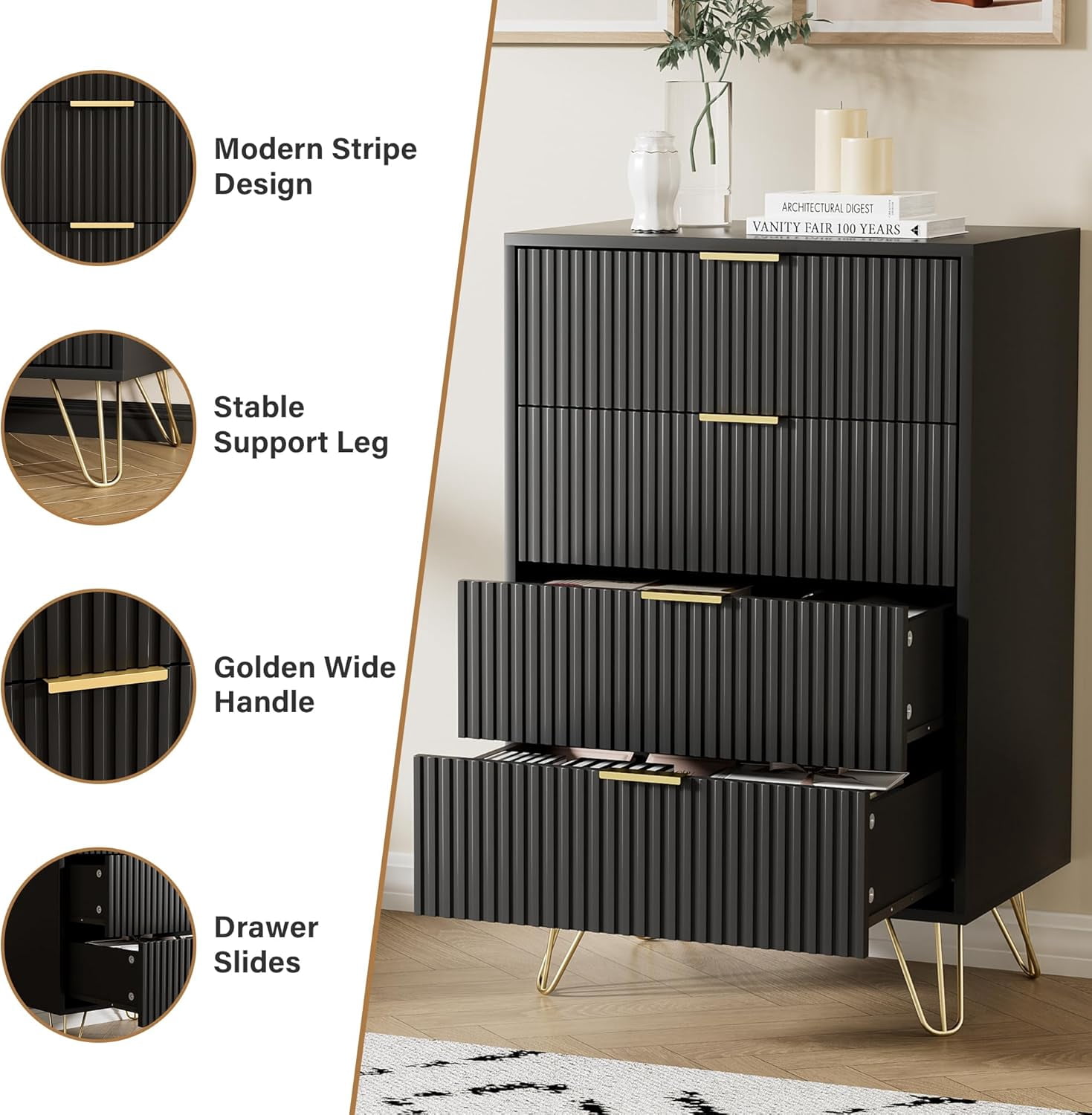 FURNIWAY Black 4 Drawer Dresser with Gold Handles, Fluted Wood Chest Nightstand for Bedroom, Living Room, Entryway