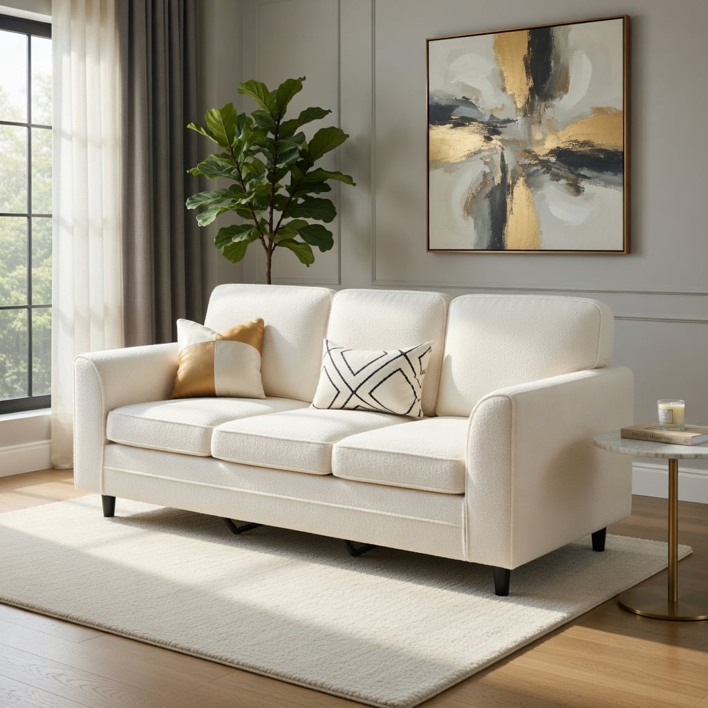 Hommoo Teddy Velvet 3-Seater Sofa, Plush Upholstered Living Room Couch with Ergonomic Back Support, Machine-Washable Cushion Covers, Rubber Wood & Metal Frame, White