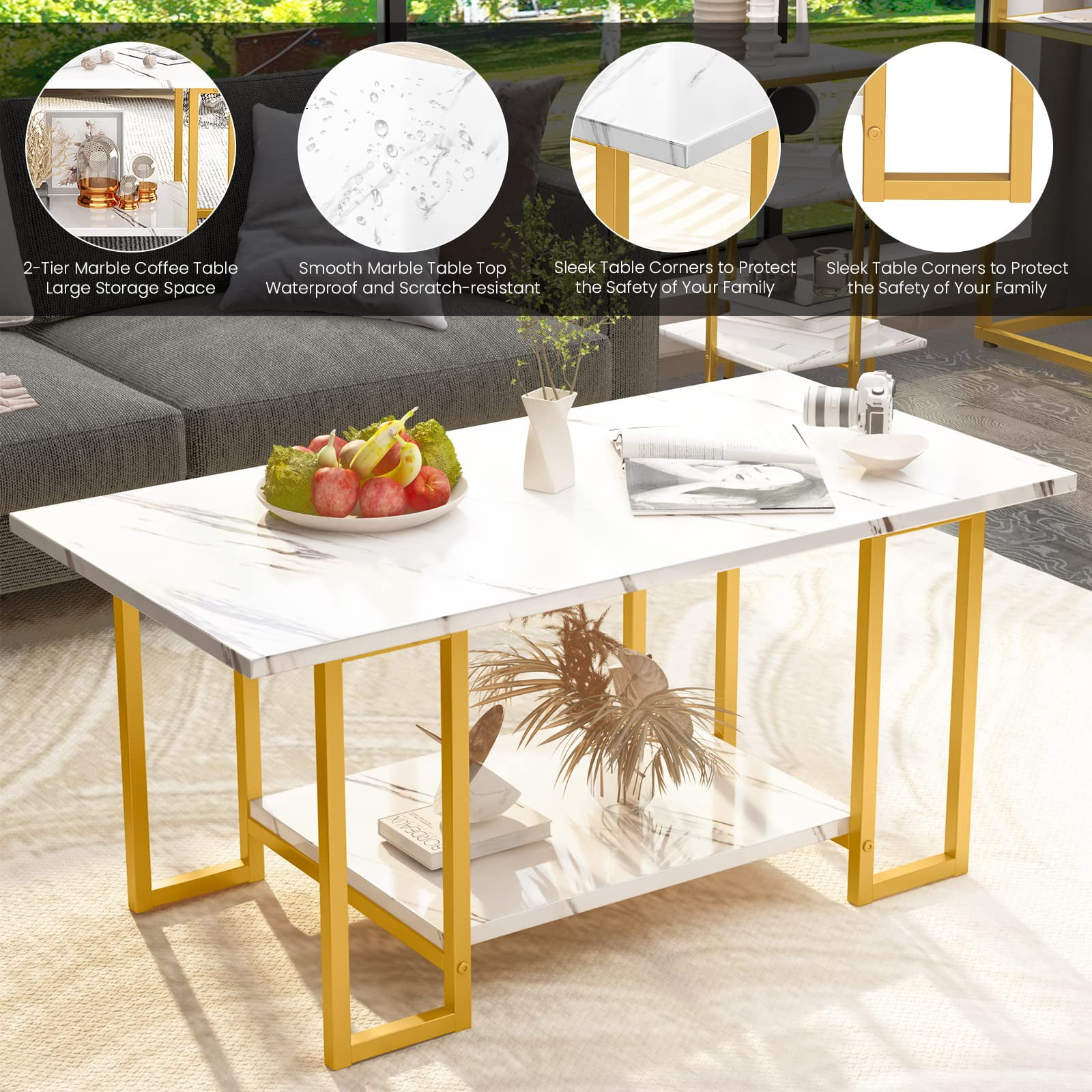 AWQM Modern 2 Tiers 3 Pieces Accent Coffee Table Set, Gold/White