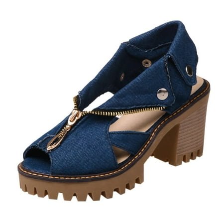 

LIANGP Women s Sandals Cuffed Denim High Heel Sandals Thick Platform Fish Mouth Casual Shoes Women s Shoes Dark Blue Size 6.5