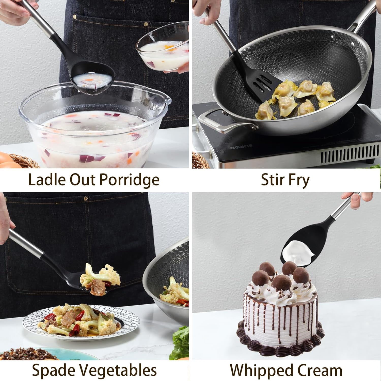 Mirdinner Silicone Cooking Utensils Set, 21 Pcs Safe Food-Grade Kitchen Utensils Set with Holder, BPA-Free, Non-stick Heat Resistant Silicone Cookware with Stainless Steel Handle, Black