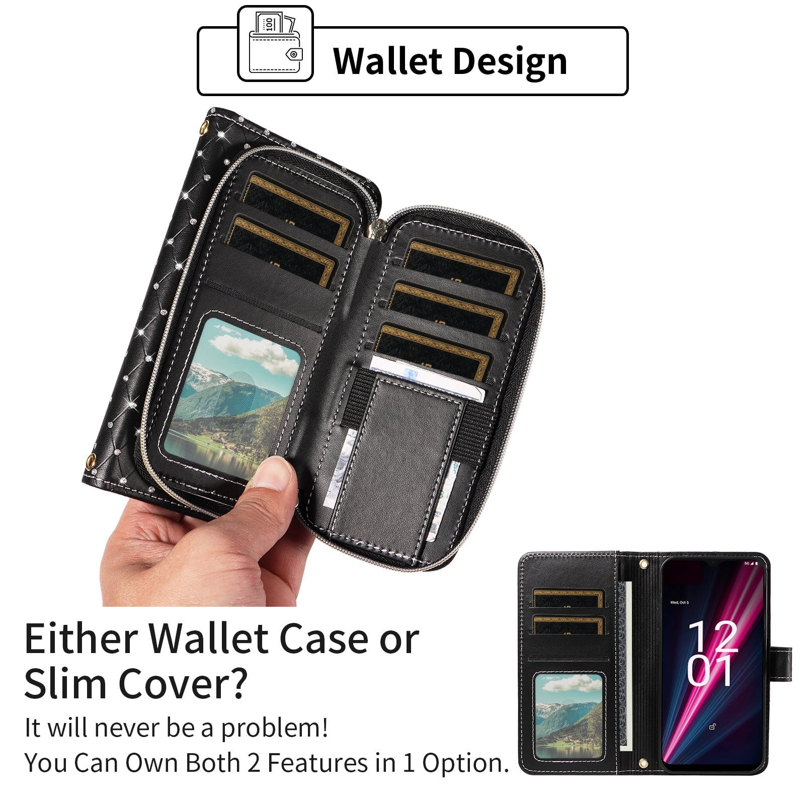 Asuwish Wallet Phone Case for T-Mobile Revvl 6 Pro/6X Pro 5G Tempered Glass Screen Protector Bling Glitter Crossbody Lanyard Strap Flip Zipper Purse Card Holder Cell Cover Tmobile Revel6pro TCL Black